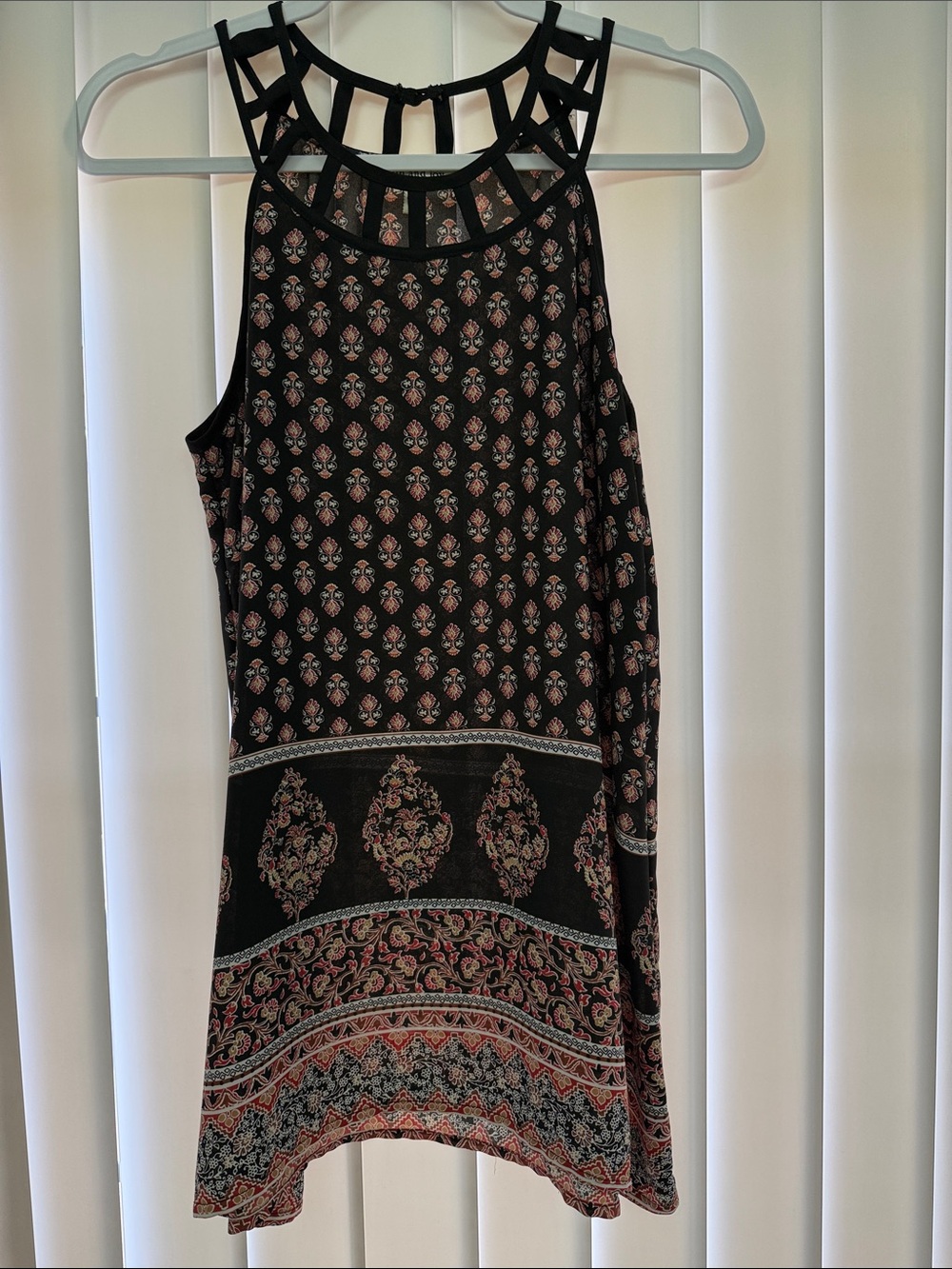 Black Printed Top with Pink Accents and Cage Neckline